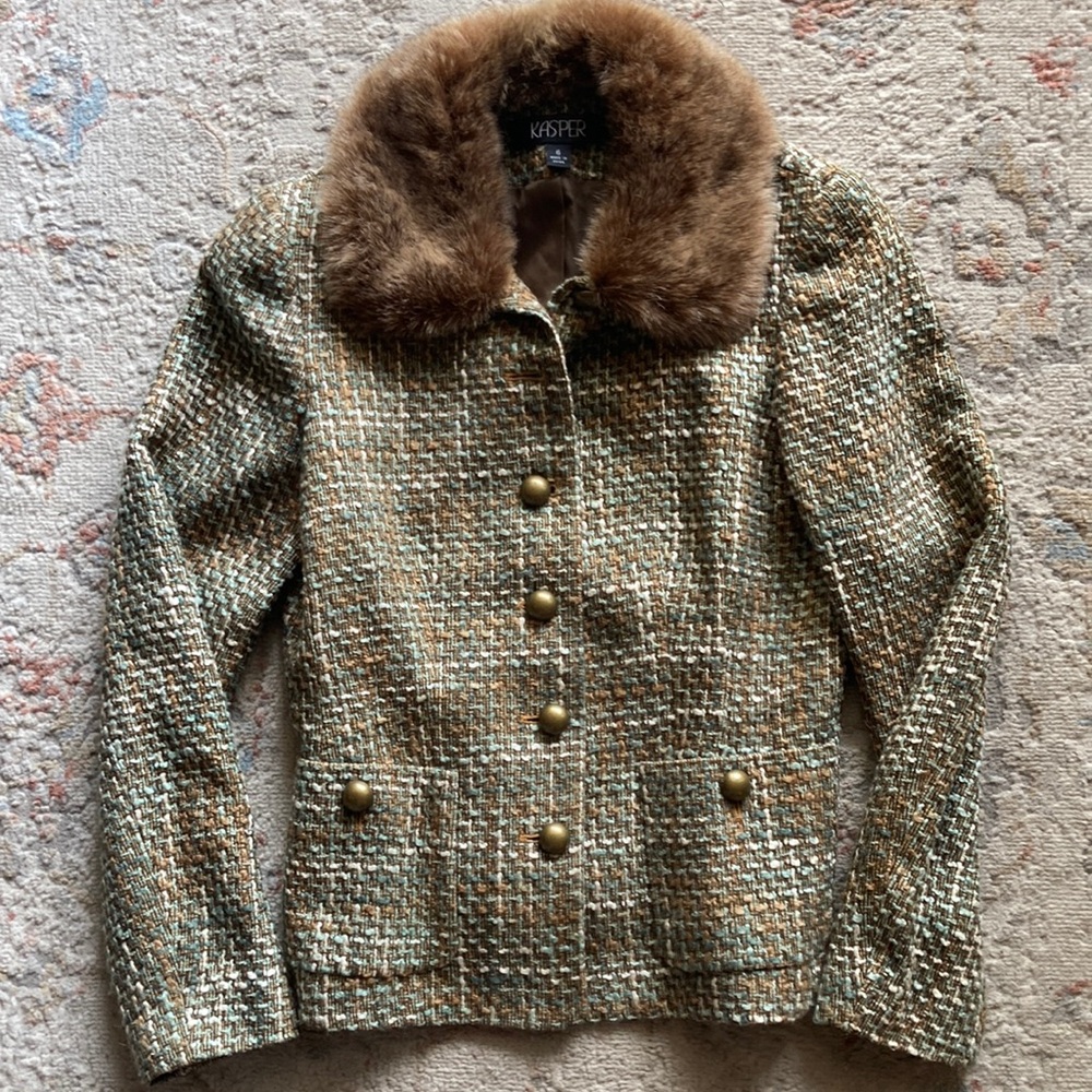Kasper, brown tweed blazer/jacket with detachable faux fur collar (size 6)
